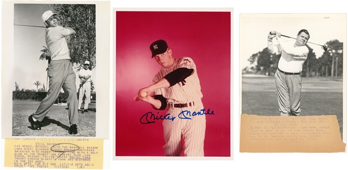 Lot of (3) Photographs Featuring Babe Ruth & Mickey Mantle - 1 Signed by Mantle (PSA/DNA)